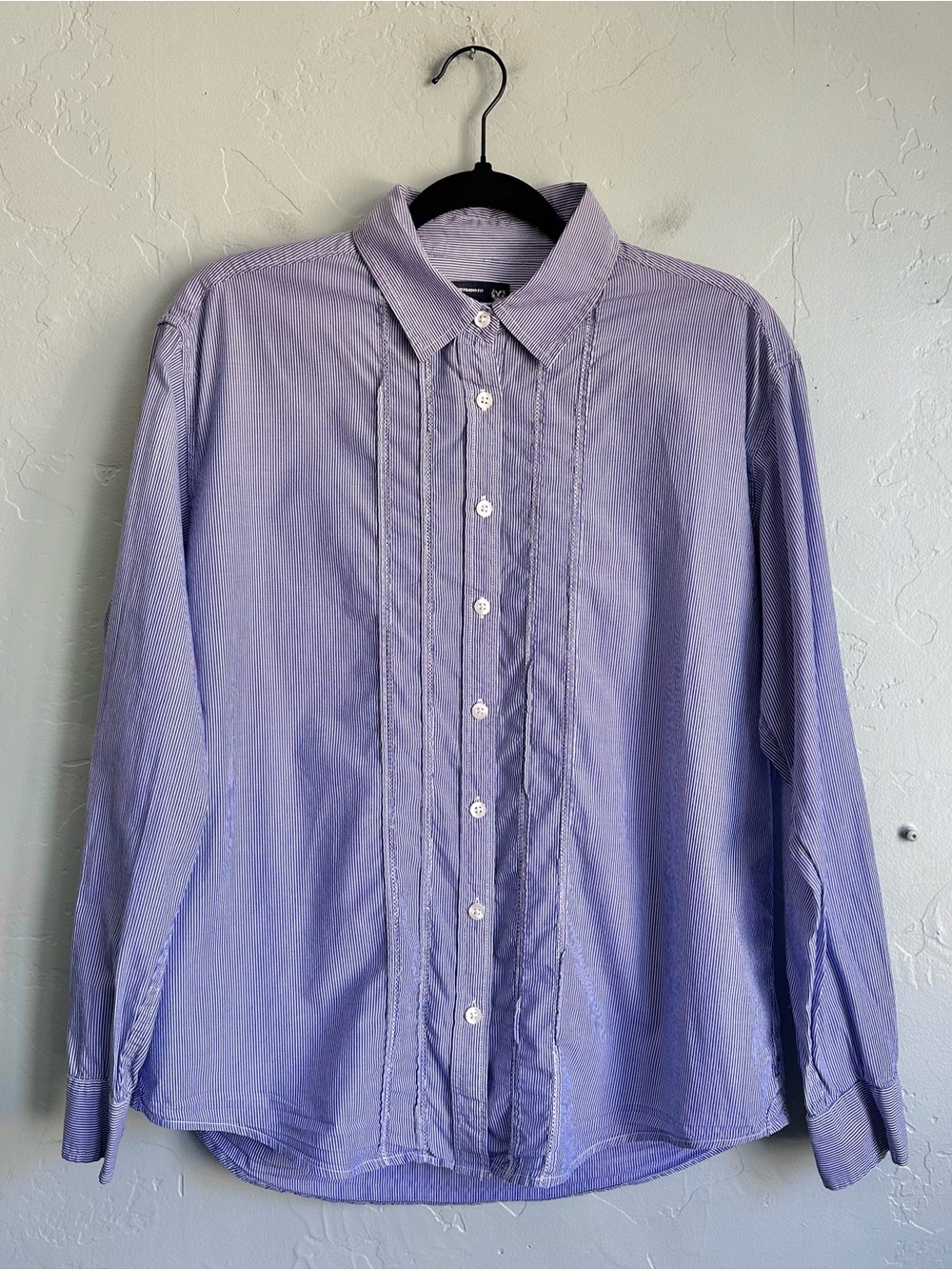 American Eagle Blue Pinstripe Ruffle Front Button Up Shirt Boyfriend Fit Medium
